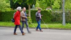 3 Personen spazieren durch den Friedhof Sihlfeld. Zwei davon sind mit weissem Stock und einem Smartphone in der Hand unterwegs.