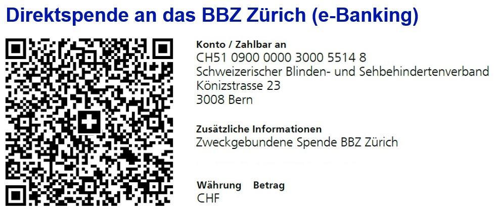 QR-CODE: Direktspende an das BBZ Zürich via e-Banking (frei wählbarer Betrag)