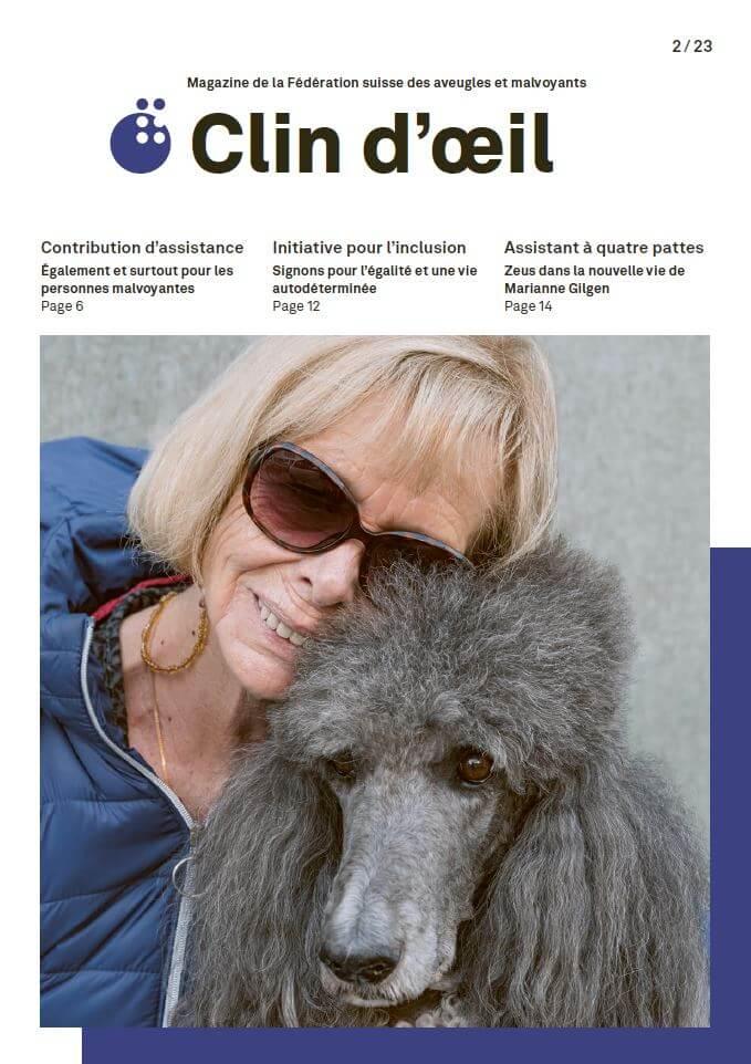 La page de couverture du dernier numéro de "Augenblick". On y voit Marianne Gilgen et son chien guide Zeus.