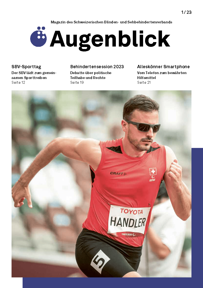 Philipp Handler läuft an den Paralympics einen Sprint. Er trägt eine Sonnenbrille.