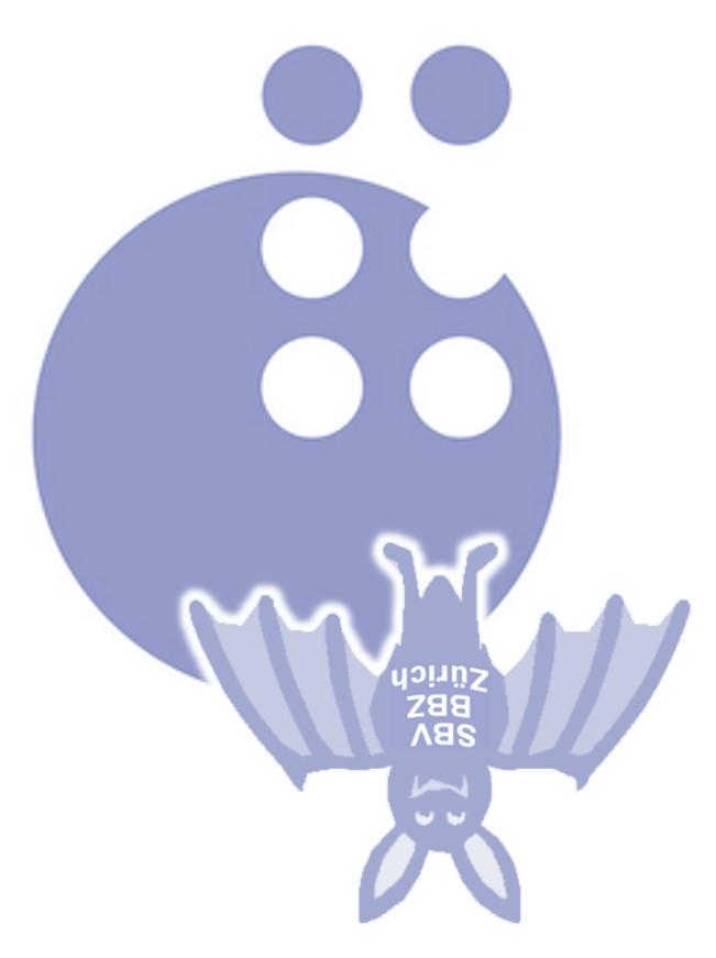 LOGO: Das SBV-Logo in blass-blauem Farbton - Ein blauer Kreis, in den die 6 typischen Braille-Punkte hineinragen. Dem Logo überlagert ist das BBZ-Maskottchen: Eine heiter lächelnde, kopfüberhängende Fledermaus