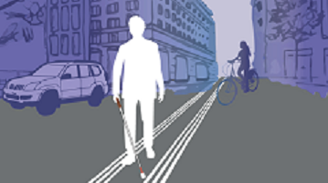 "Nimm Rücksicht" Illustration einer Person mit Weissem Stock auf den Leitlinien